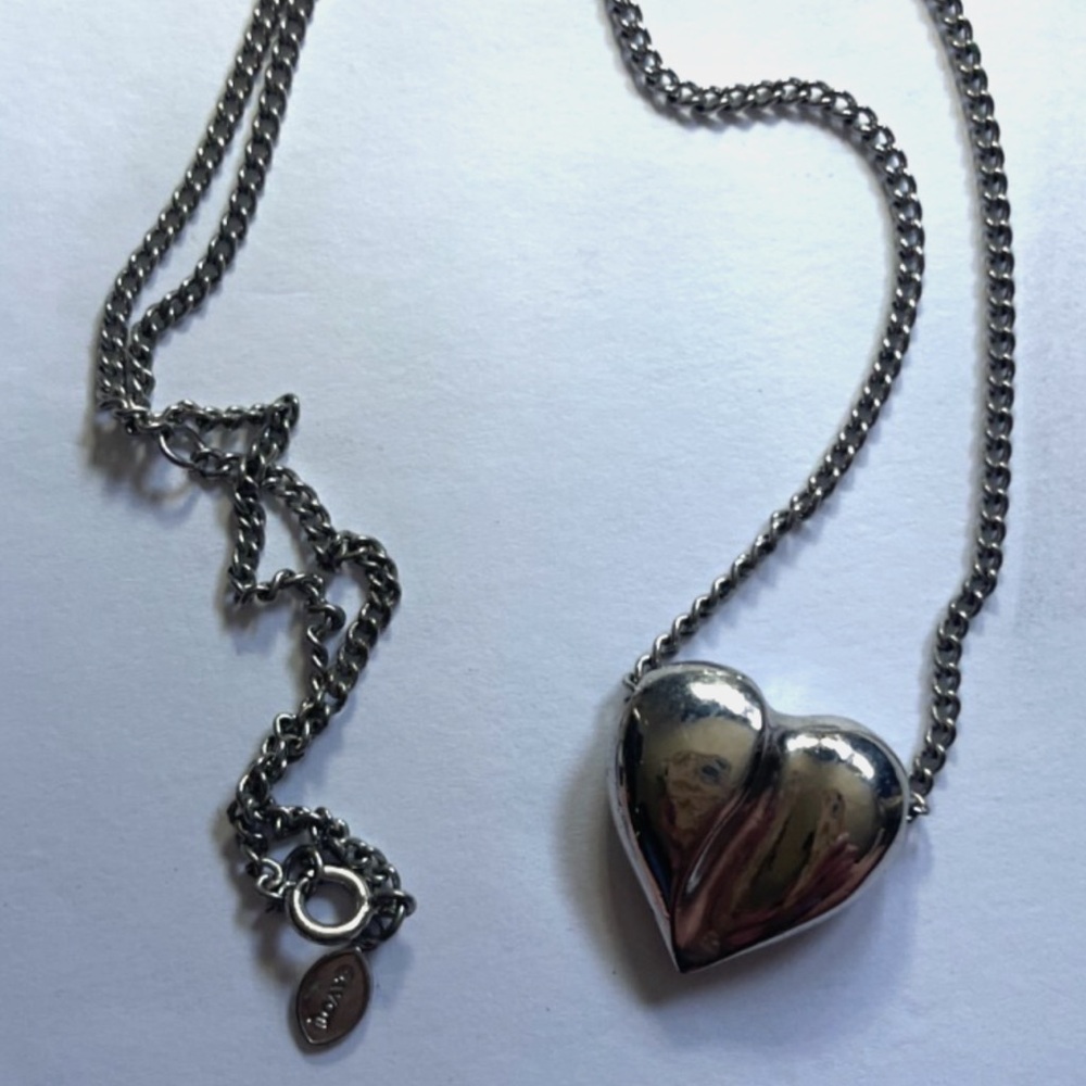 Vintage Avon Puffy Heart Necklace Silver Tone Pendant Chain